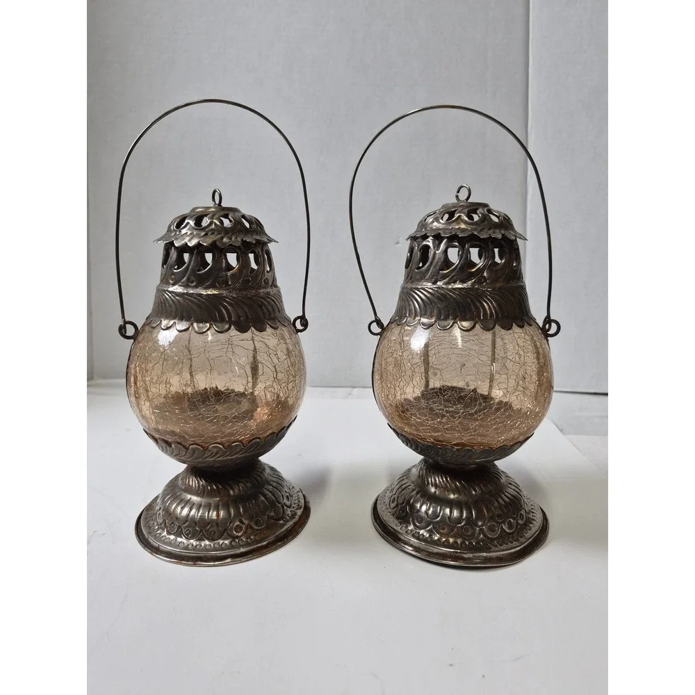 Vintage Silver Tone Crackle Glass Tea Light Lanterns Set of 2 Amber Boho Decor